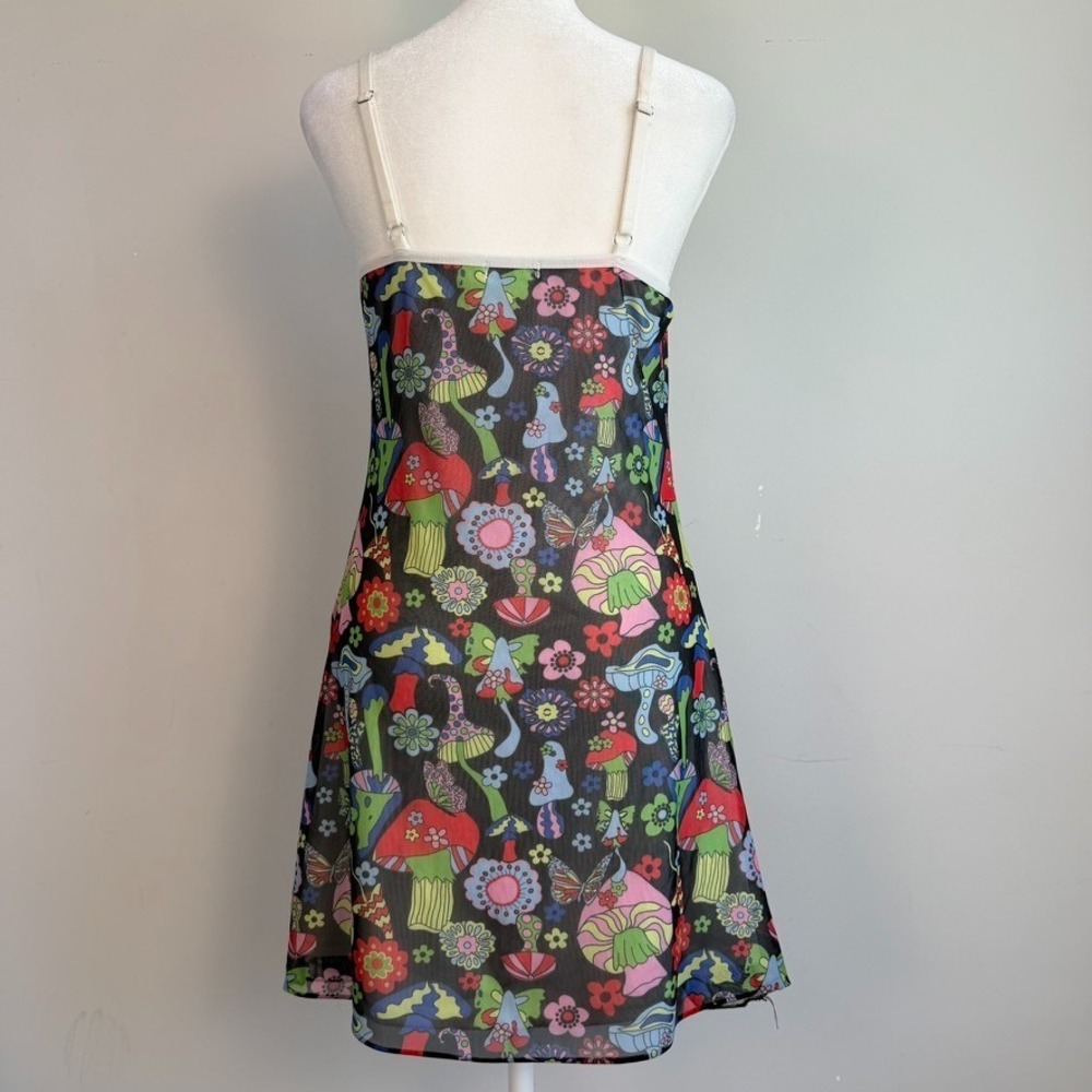 Wowo Mesh Overlay Mushroom Floral Print Slip Mini Dress XL Whimsigoth Fairy Y2K - Picture 4 of 9